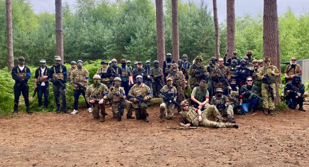 Group photo of airsoft players and members at Combat Airsoft